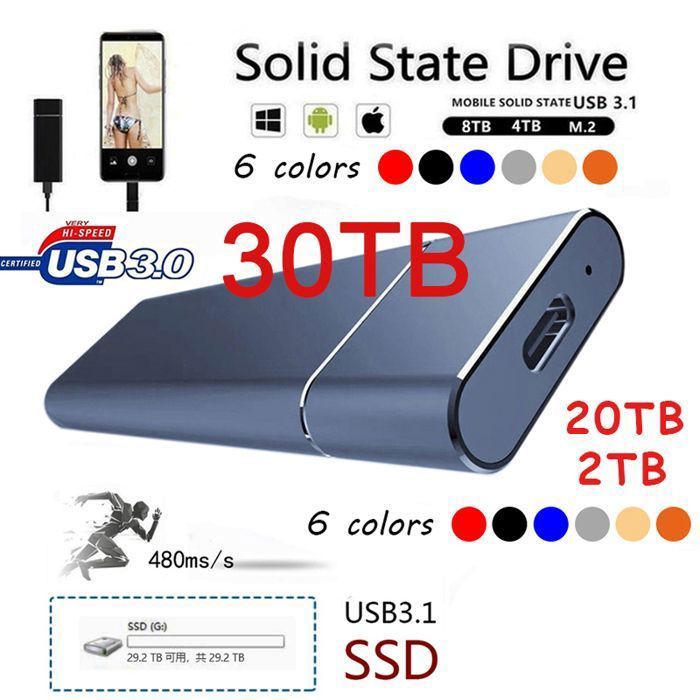SSD externe haute vitesse - Virex - 2To/20To/30To - USB Type-C/USB 3.1 - Compatible PC/Mac - Portable - Compact - Léger