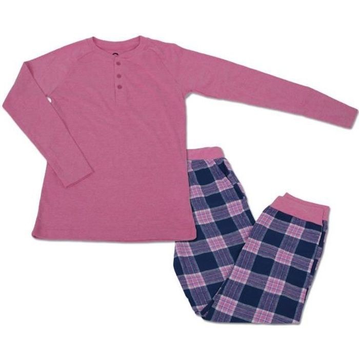 Completo pigiama lungo da bambina - OZABI - Maniche lunghe - Collo alla Henley - Coulisse elastica - Rosa