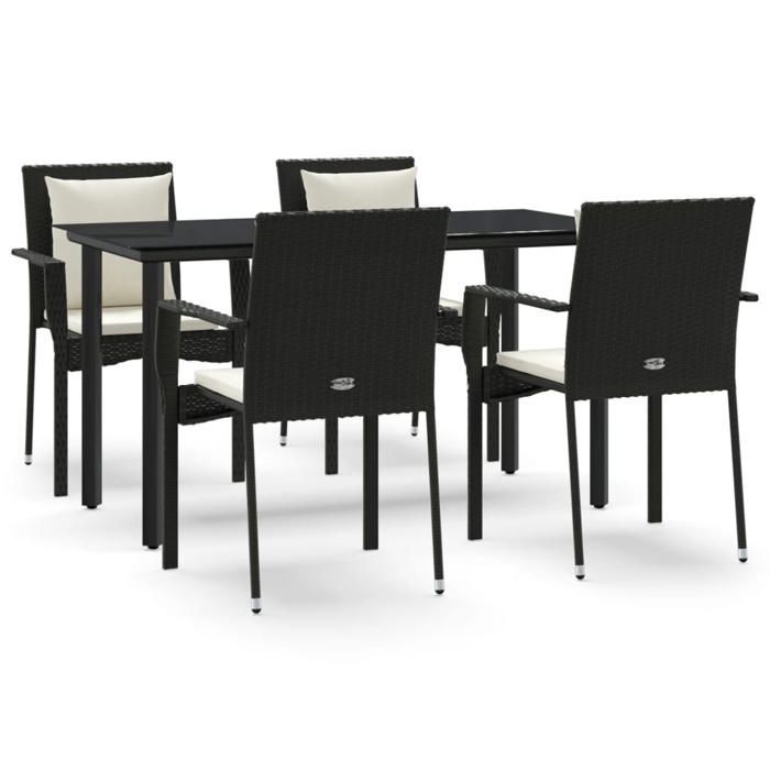Tuineetset - BURKE - Geweven hars - 5-delig - Zwart - Crème-witte kussens - Tafel 140x70x74 cm
