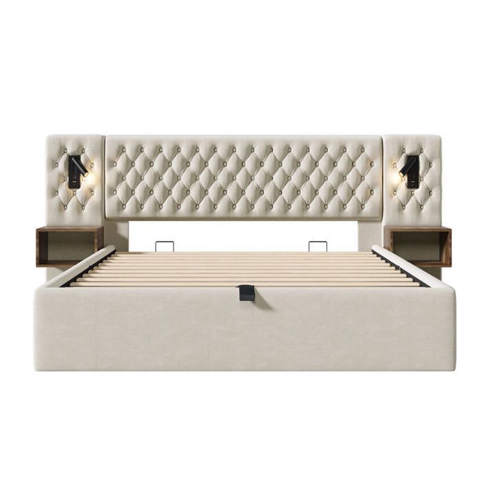Conjunto de quarto - Veludo bege - Cama de casal 160x200 cm - Armário hidráulico - USB