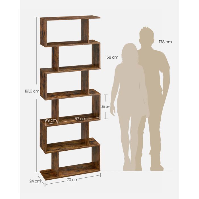 Libreria a 6 ripiani, 24 x 70 x 191,6 cm, mobile contenitore, divisorio per ambienti, moderno, marrone rustico