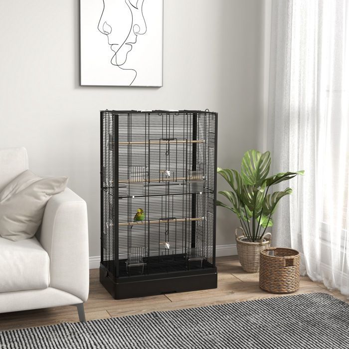 Cage à oiseaux volière avec portes perchoirs cage pour canaris perruches perroquets 61 x 36,5 x 98 cm noir