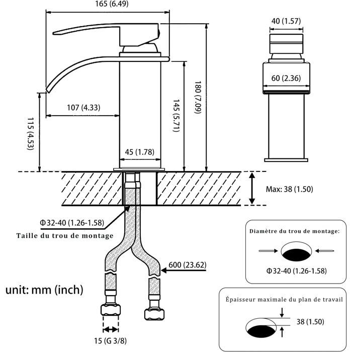 Grifo de baño - Grifo mezclador para lavabo - con líneas de agua fría y caliente, acero inoxidable 304, acabado cromado G3/8
