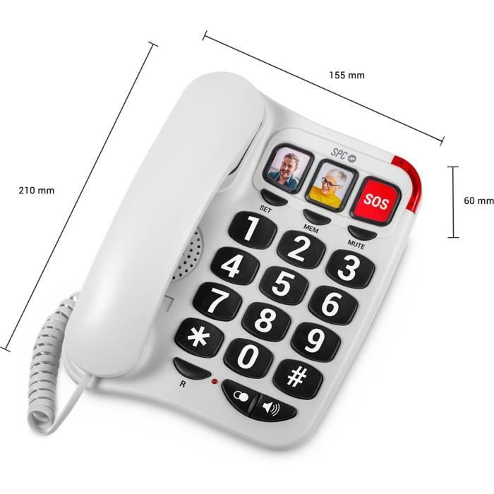 Telefone fixo - SPC - Números de conforto 2 - Botões grandes - 3 números de discagem rápida - Alto volume