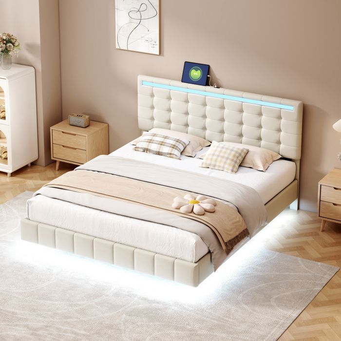 Cama doble tapizada de 160 x 200 cm - LUMINARIX - LED - USB/Tipo C - Estructura flotante - Somier de láminas - Beige - Lino