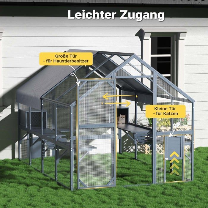 Recinto exterior para gatos Wiltec 280 x 188 x 188 cm Catio Techo de madera de abeto con lona impermeable Múltiples plataformas Refugio J