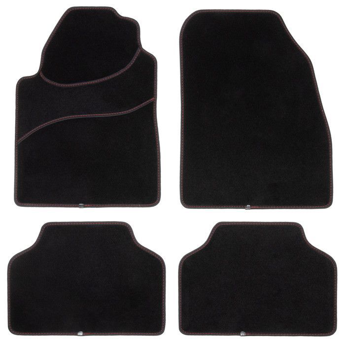Alfombrillas para coche - Universales - Antideslizantes - Ribete textil negro con costuras rojas - 4 piezas: Delanteras + Traseras - Alfombrillas para el suelo del coche