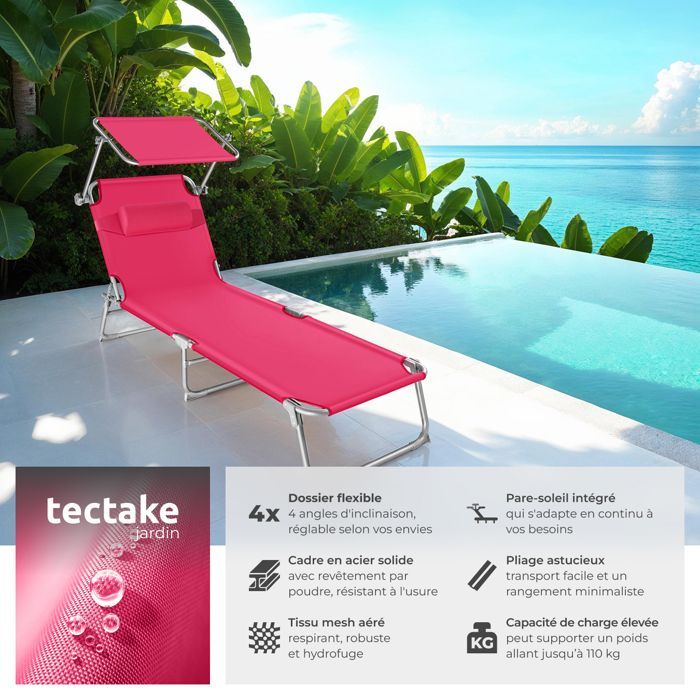 Bain de soleil - TECTAKE - Chaise longue transat de jardin CHLOE pliable 4 positions avec appui-tête - Rose Vif