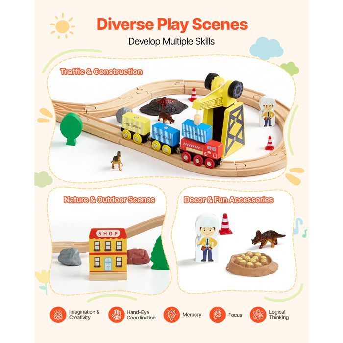 Tren de madera VEVOR para niños de 3 a 8 años - 70 piezas - Juguete para Navidad, cumpleaños, niños y niñas