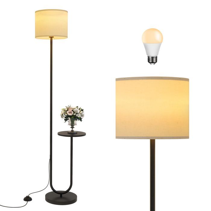 Living Room Floor Lamp with Bulb - E27 - Lampshade and Shelf - 165 cm Floor Lamp - Bedroom Lamp - Black