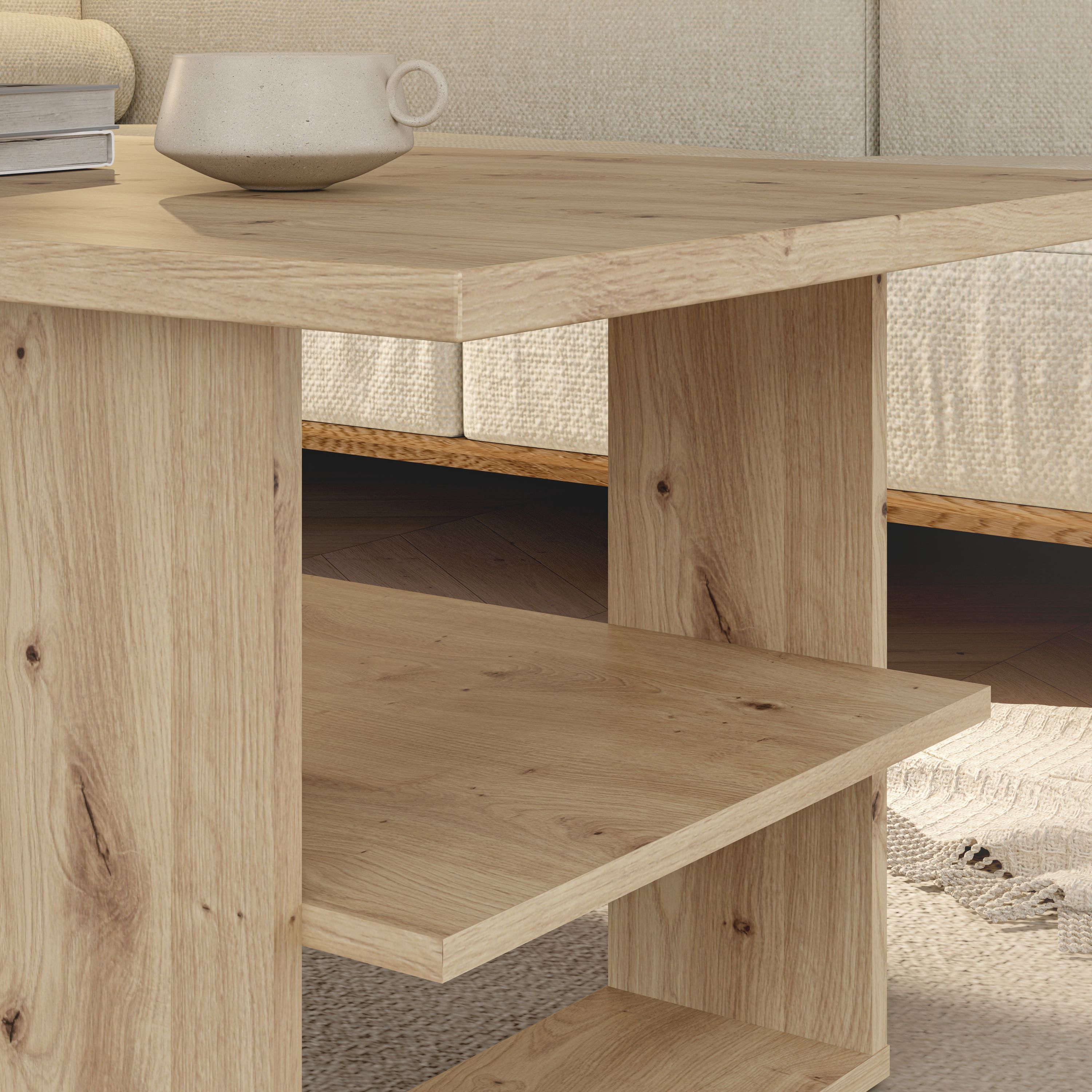 Tavolino rettangolare - TAVOLINI DA CAFFÈ - Finitura rovere artigianale - 2 ripiani - 110 × 60 × 45 cm