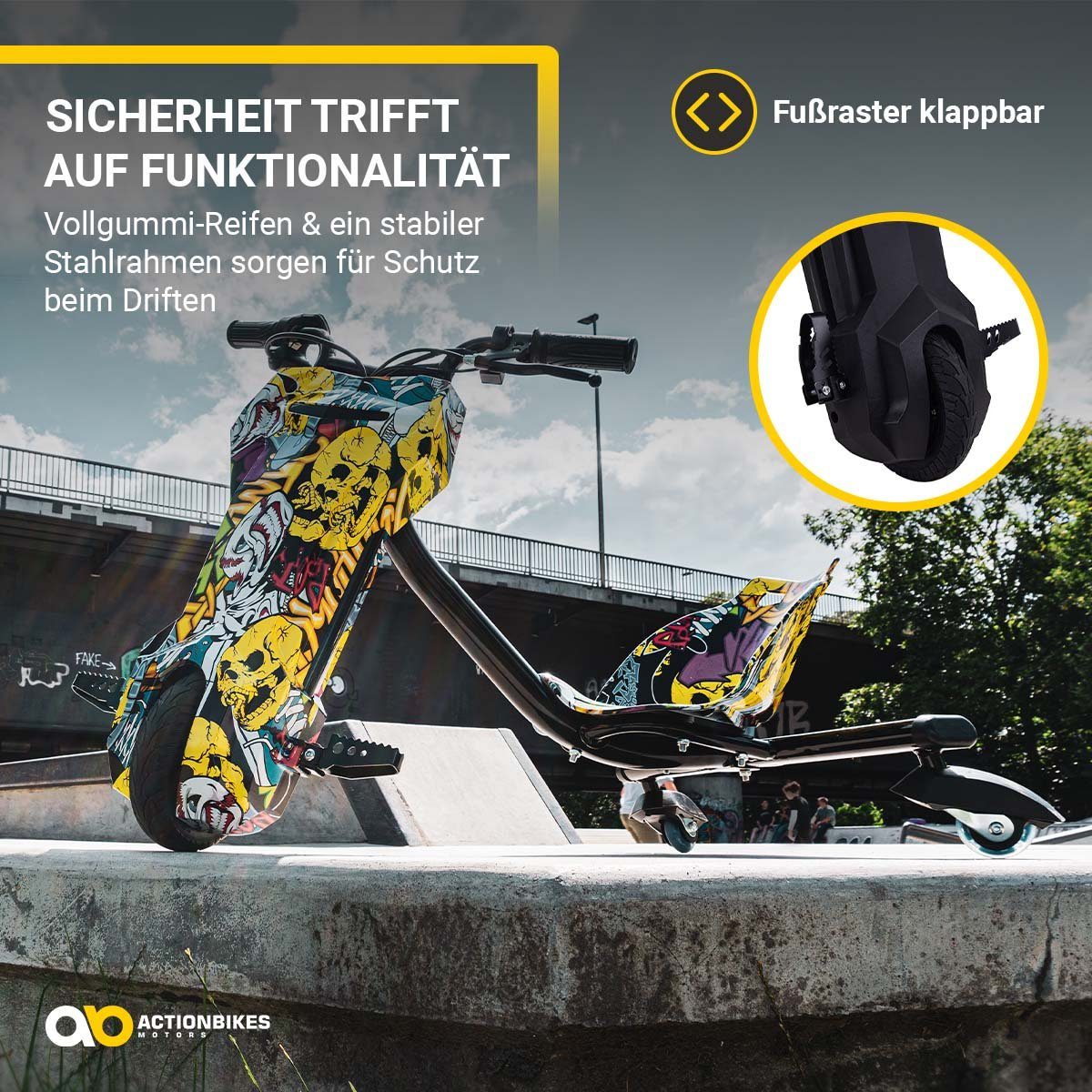 Actionbikes Motors trehjuls sparkesykkel drift sparkesykkel Drifter 360, 15,00 km/t, 250 watt - LED 360° hjul - fjæring - 3 nivåer - drift trike