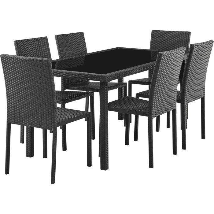 Set da pranzo da giardino AKELA - Tavolo con piano in vetro temperato + sedie in resina effetto vimini - Tavolo 160x80 cm - Nero - 6 posti