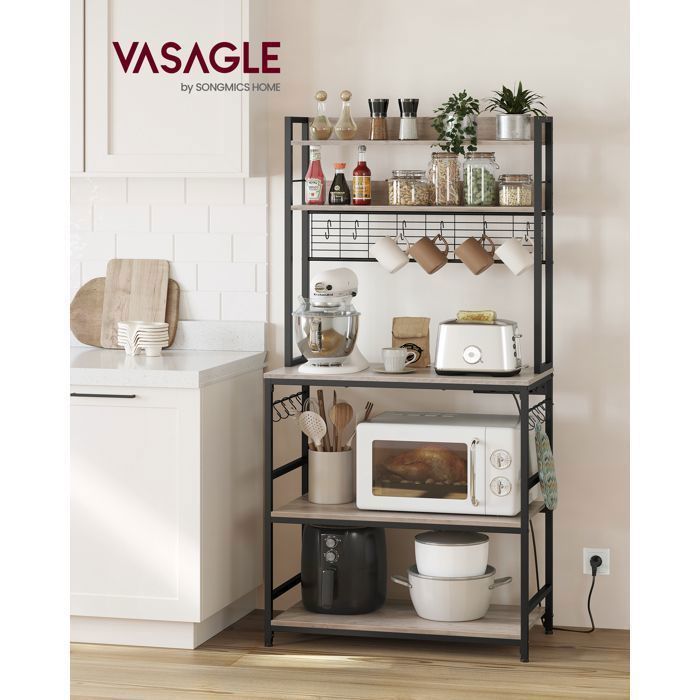 Kitchen trolley with power strip, with wire mesh panel, 14 hooks, 40 x 80 x 170 cm, Greige and Black