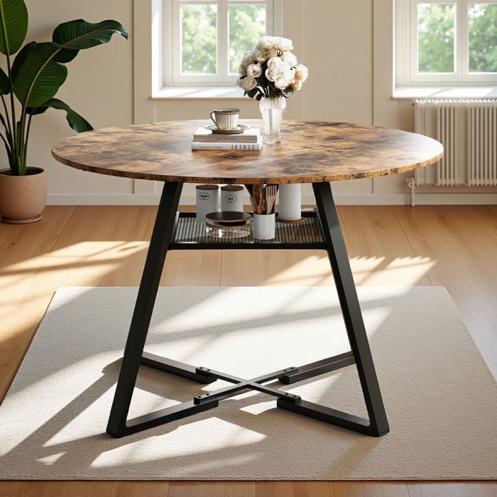 Mesa de jantar redonda, 120 cm, para 4 a 6 pessoas, base de metal, mesa de cozinha com compartimento de armazenamento, marrom