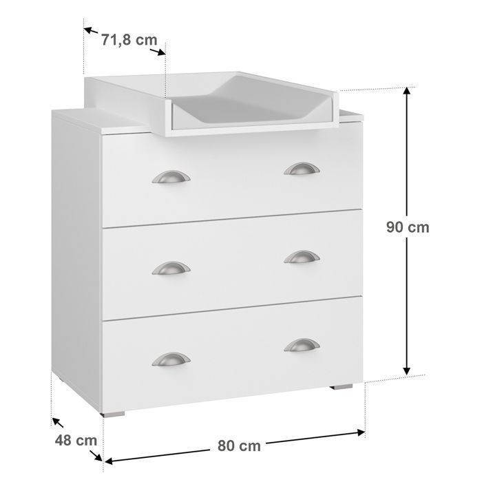 Commode à langer bébé enfant Blanc Table à langer + Matelas à langer amovible 80x71,8x90cm- 3 Tiroirs MIA