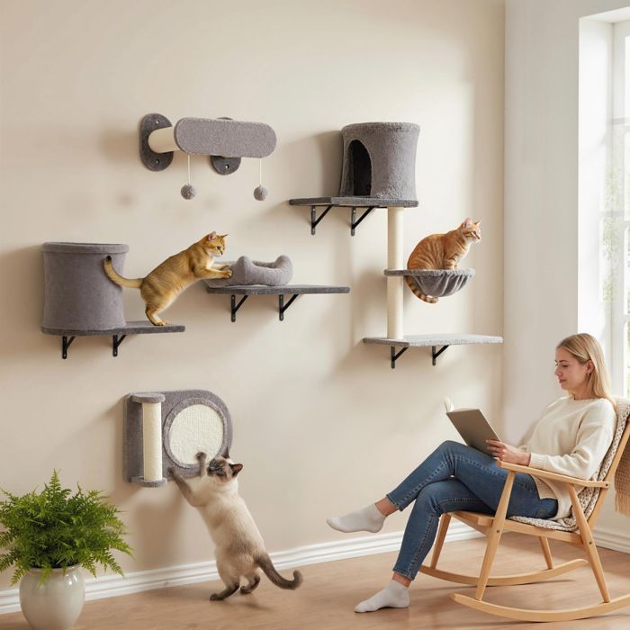 Étagères murales pour chat arbre à chat mural 5 pièces 2 niches hamac plateformes griffoirs en sisal gris
