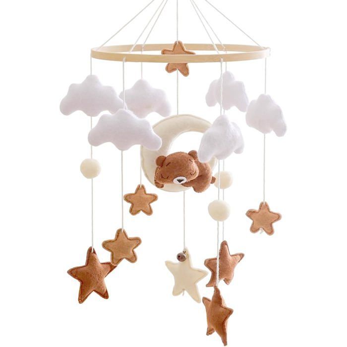Mobile lit bébé en bois avec ours, étoiles, nuages, lune et cloches, cadeau naissance, couleur marron .