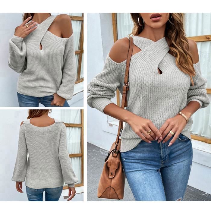 Pull Femme,Pull Femme D'hive Manches Longues,Chandail Elégant à Épaule Dénudée pour Femmes,Gris