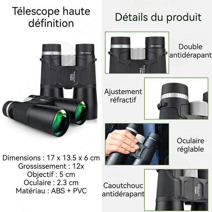 C Jumelles Objectif grand format 17x13,5x6cm 12x haute définition et lumineux Revêtement multicouche FMC Super téléobjectif  noir