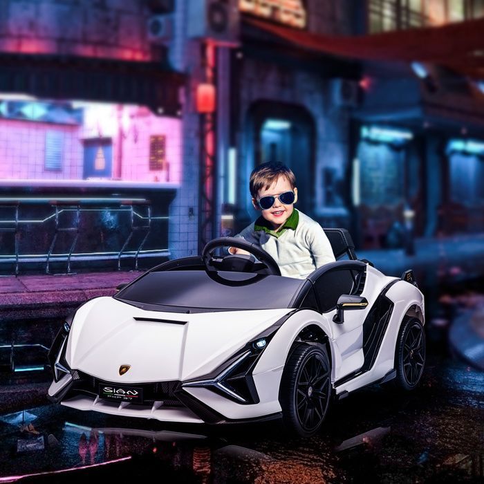 Auto elettrica per bambini - HOMCOM - Lamborghini Sian 12V con telecomando 2.4G, effetti sonori e LED - ABS - Bianca
