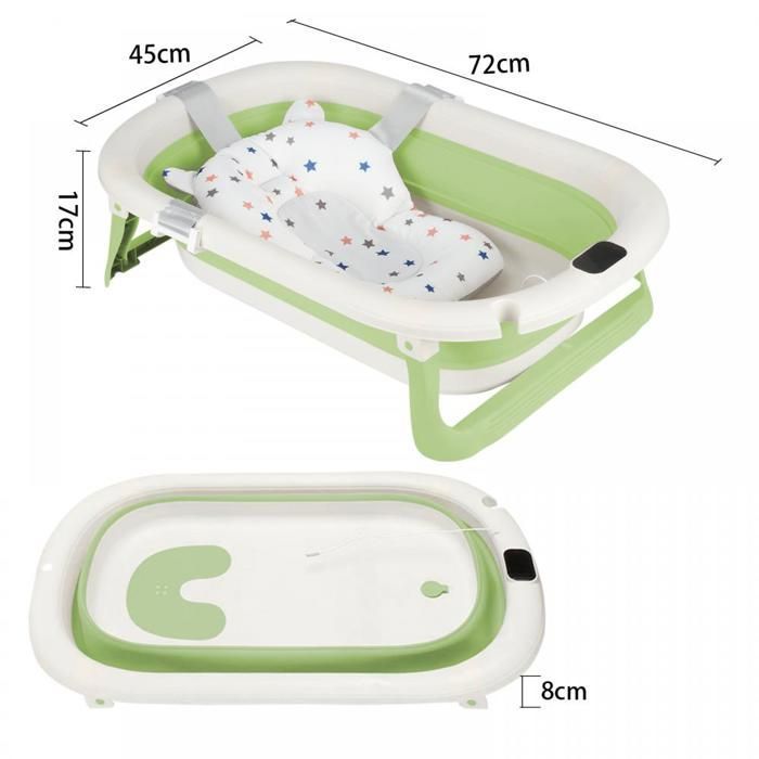 Bañera plegable para bebé MIPAN - Con tapón de drenaje + termómetro digital + cojín de asiento - Patas antideslizantes - Verde