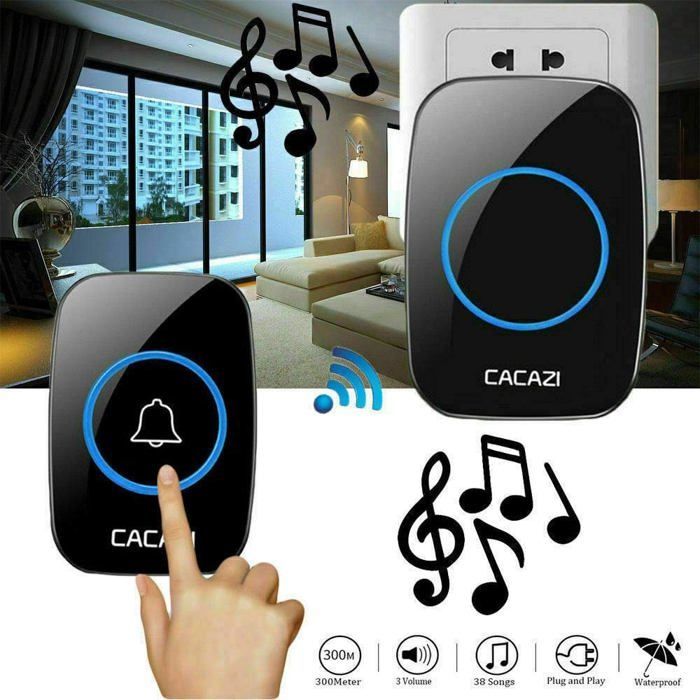 Waterproof Wireless Doorbell with 3-Level Volume and 38 Melodies – 1 Transmitter + 2 Receivers (Black)