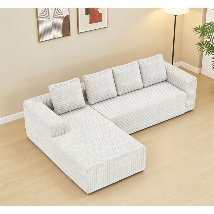 DRIPEX Canapé modulable Cloud avec méridienne en L,Canapé en tissu velours côtelé moelleux avec 4 coussins,Blanc,261×168×58cm