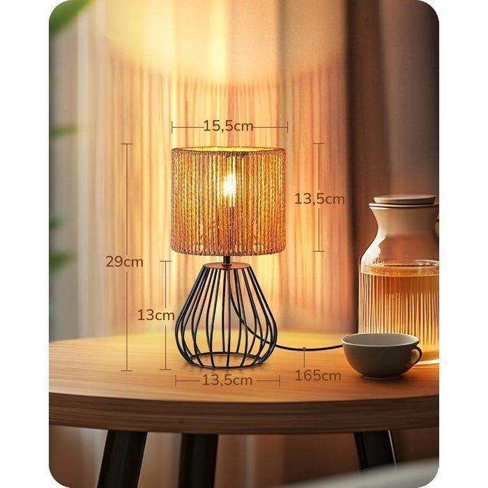 EDISHINE Lampe à Poser Vintage Boho, E14 LED Ampoule Incluse, Abat-jour Tissée à la Main et Base Cage en Fer