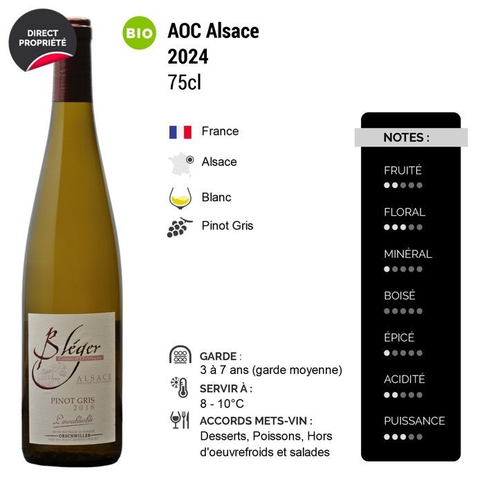 Domaine Claude et Christophe Bléger Alsace Pinot Gris L'inoubliable 2024 - Vino bianco d'Alsazia (6x75cl) biologico