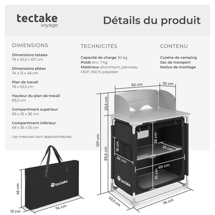 Muebles de camping - TECTAKE - Cocina de camping plegable con bolsa de transporte 76 x 53,5 x 107 cm - Negro