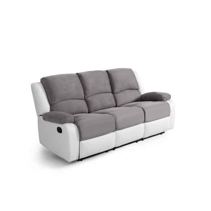 Sofá reclinable de 3 plazas LEO en microfibra y piel sintética - Blanco y gris - 193 x 93 x 96 cm - LOUNGITUDE