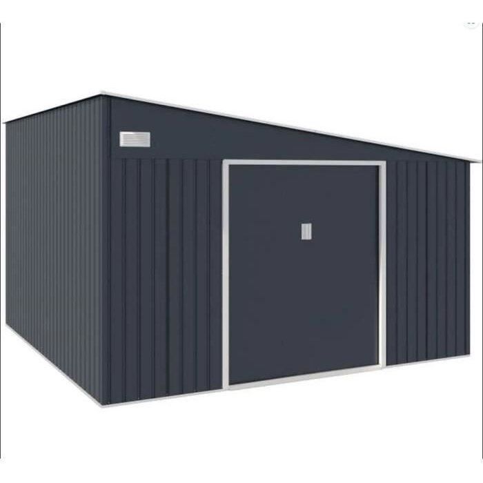 Casetta da giardino in metallo 11,01 m² - 342 x 321 x 162 x 210 cm - ASTRO - Kit di ancoraggio incluso, 2 porte scorrevoli - Grigio