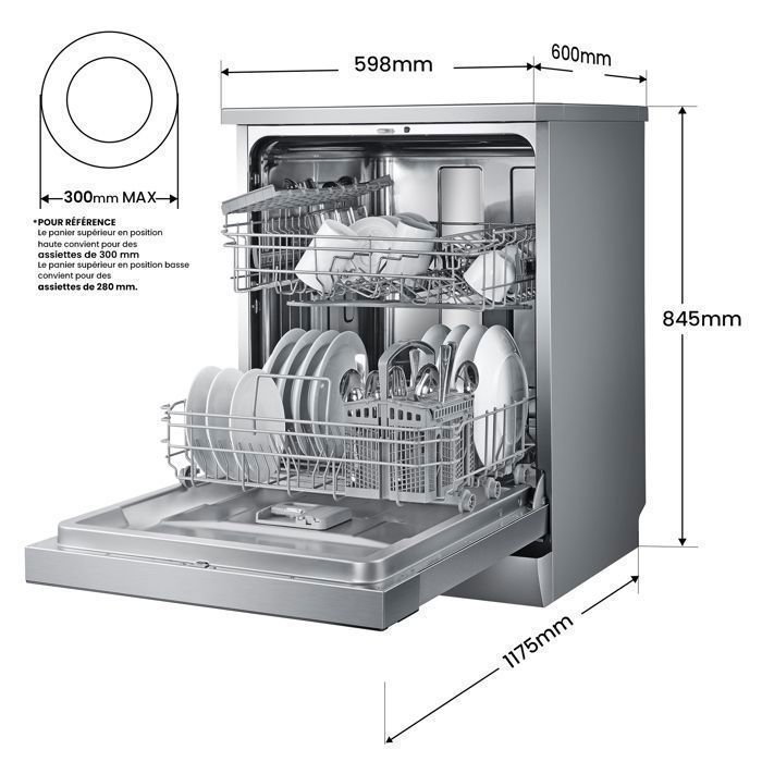 COMFEE Lave-Vaisselle Pose Libre 14 couverts, 8 Programmes de Lavage, 44 dB(A) Dpart Diffr, Demi-Charge, Inox Energy Class C
