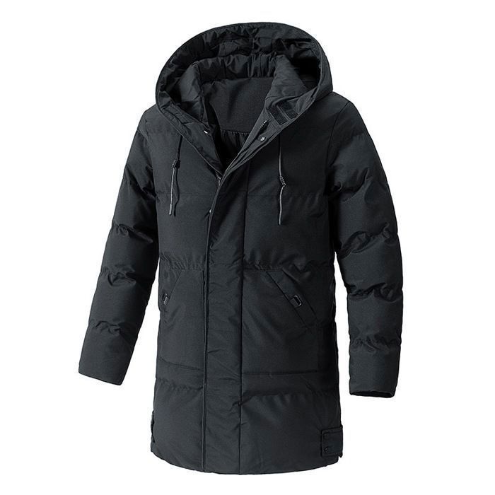Chaqueta acolchada para hombre con capucha, abrigo de invierno cálido, chaqueta informal de largo medio con mangas largas, color liso con bolsillos – Negro