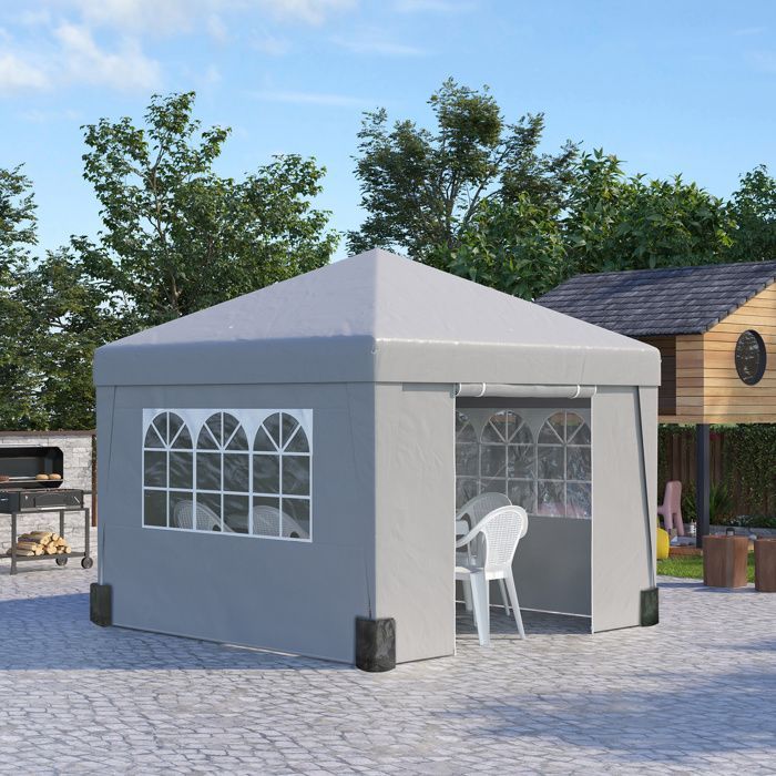 Cenador de jardín Outsunny - carpa plegable/para fiestas, paredes resistentes a los rayos UV (30+), bolsa de transporte - acero - 3x3 m - gris claro