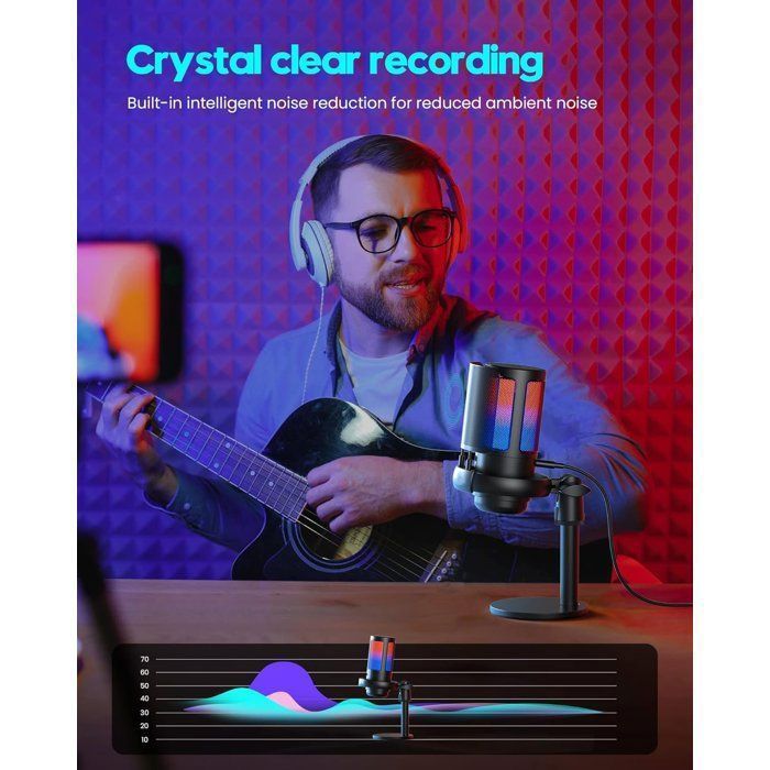 USB microphone, one-touch mute, volume control button, RGB light effect, for gaming, podcasts, and production.