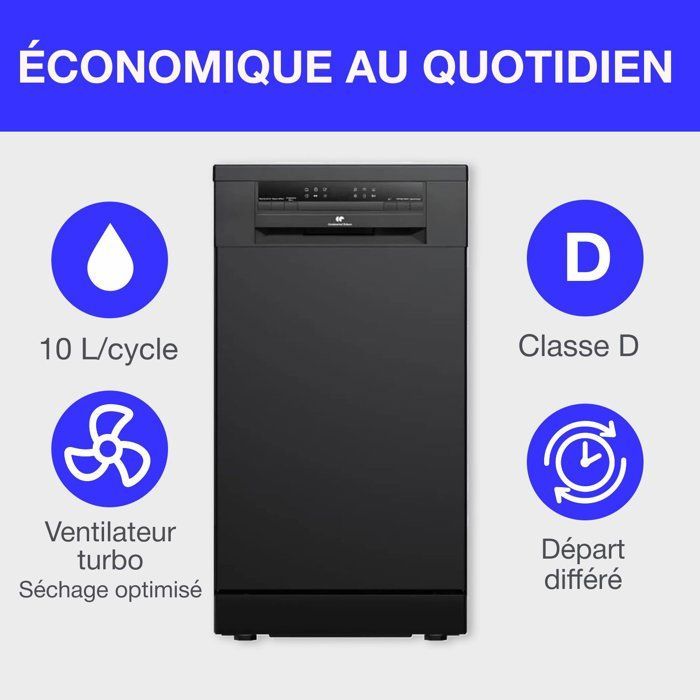 Lave-vaisselle pose libre - CONTINENTAL EDISON - CELV1145B - 11 couverts - 45 cm - 45 dB  - Noir