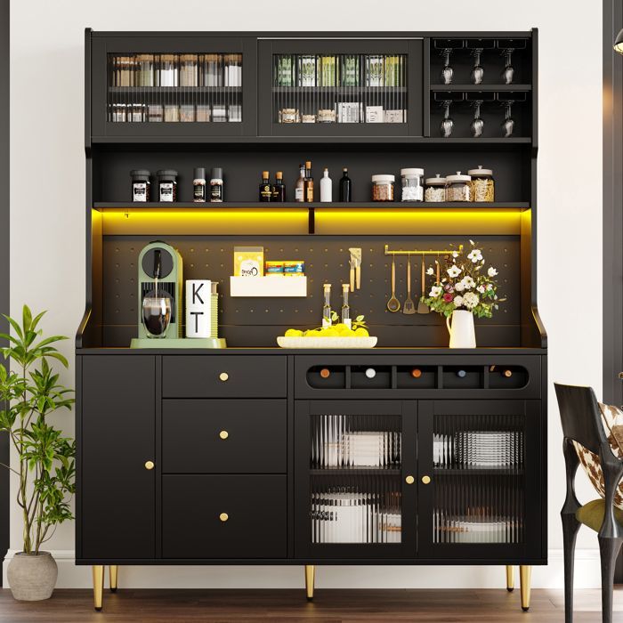 Modern dressoir, keukenkast met verstelbare planken, hoge woonkamerkast, voorzien van ledverlichting, 145×39×171 cm, zwart.