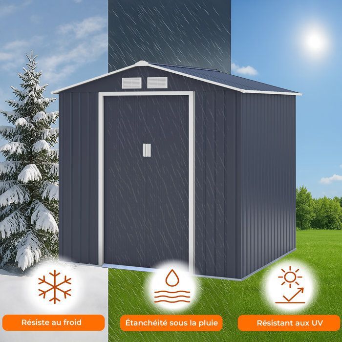 Caseta de jardín metálica de 4,07 m² - 213 x 191 x 195 cm - MARS - Kit de anclaje incluido, 2 puertas correderas - Gris