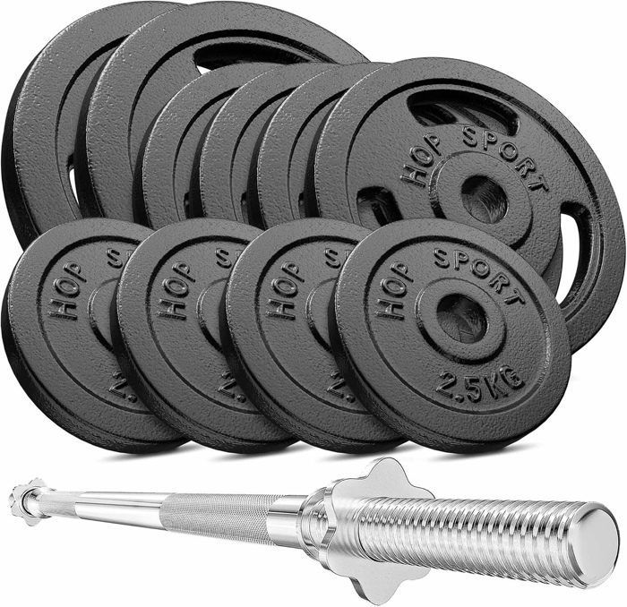 Hop-Sport 59kg gietijzeren halterset, lange stang en verstelbare gewichtsschijven, halterset voor thuisgym