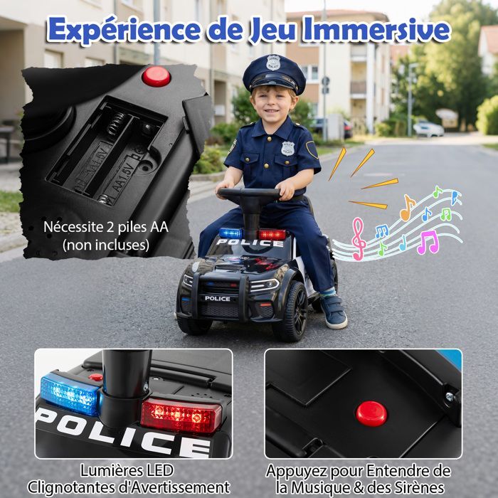 Cochecito infantil COSTWAY con luces intermitentes, música y sirena, compartimento de almacenamiento bajo el asiento, capacidad de carga de 20 kg (para mayores de 18 meses), color negro.