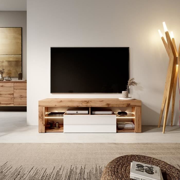 Mueble para TV Selsey - Bianko - 140 cm - Roble Lancaster - Blanco brillante - LED