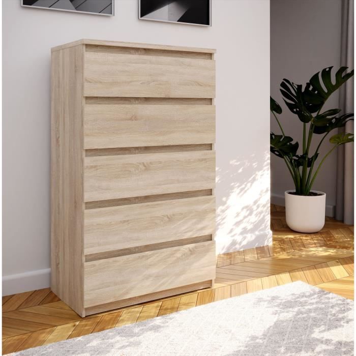 Commode CHELSEA 5 tiroirs - Décor chêne - L 77,2 x P 42,2 x  H 128,1cm