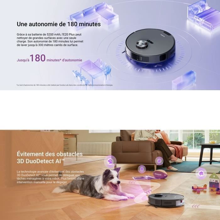 EUREKA E20 Plus - Robot aspirapolvere con stazione di svuotamento automatica - 8000 Pa - Anti-groviglio - Evitamento ostacoli 3D
