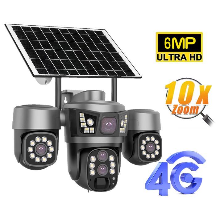 Caméra de surveillance 4G solaire 6MP PTZ à 3 objectifs, zoom optique 10X, vision nocturne etaudio bidirectionnel
