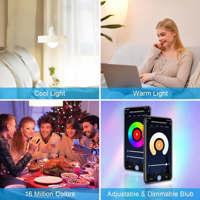 Bombilla inteligente WiFi FEBEST - E27 - 4,9 W - 470 lm - RGB+CCT - 2700 K-6500 K - Compatible con Alexa y Google Home