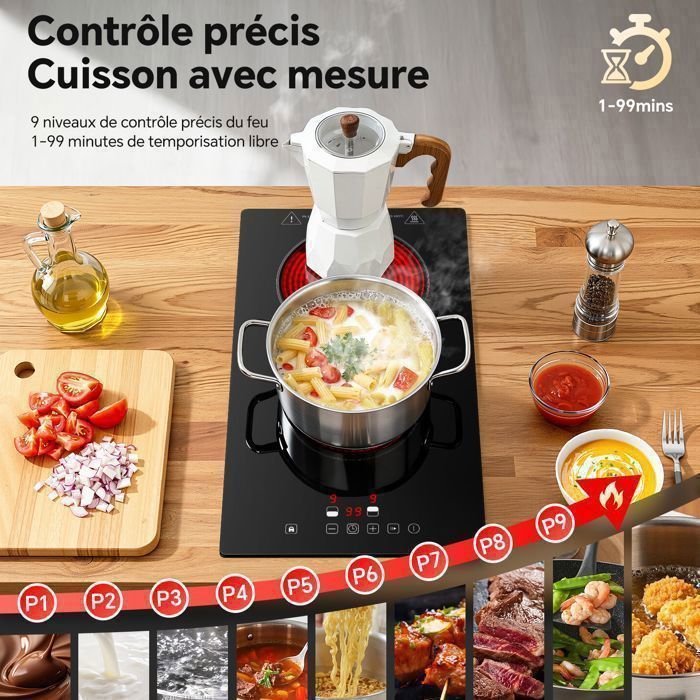 Plaque Vitrocéramique 2 Feux, Plaque de Cuisson, 3000 W,9 Niveaux,Minuterie 1-99 min, Pour toutes les casseroles
