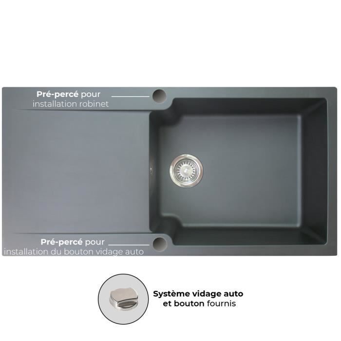 Pia de embutir lisa e reversível com 1 cuba grande e 1 escorredor, Essebagno, resina preta - 100 x 50 x 21,2 cm - ESSEBAGNO