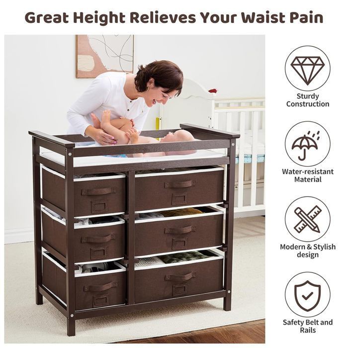2-in-1 Changing Table, Baby Changing Unit, Dresser with 6 Drawers - Storage Drawer